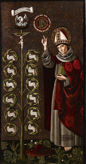 The Segovia Master (active in Castille, Spain, c. 1500), ‘St. Bonaventure with the Tree of Life,’ c. 1490, oil, gold leaf, and silver leaf on panel, lent by Mr. and Mrs. Thomas Campbell, 28.2014.1